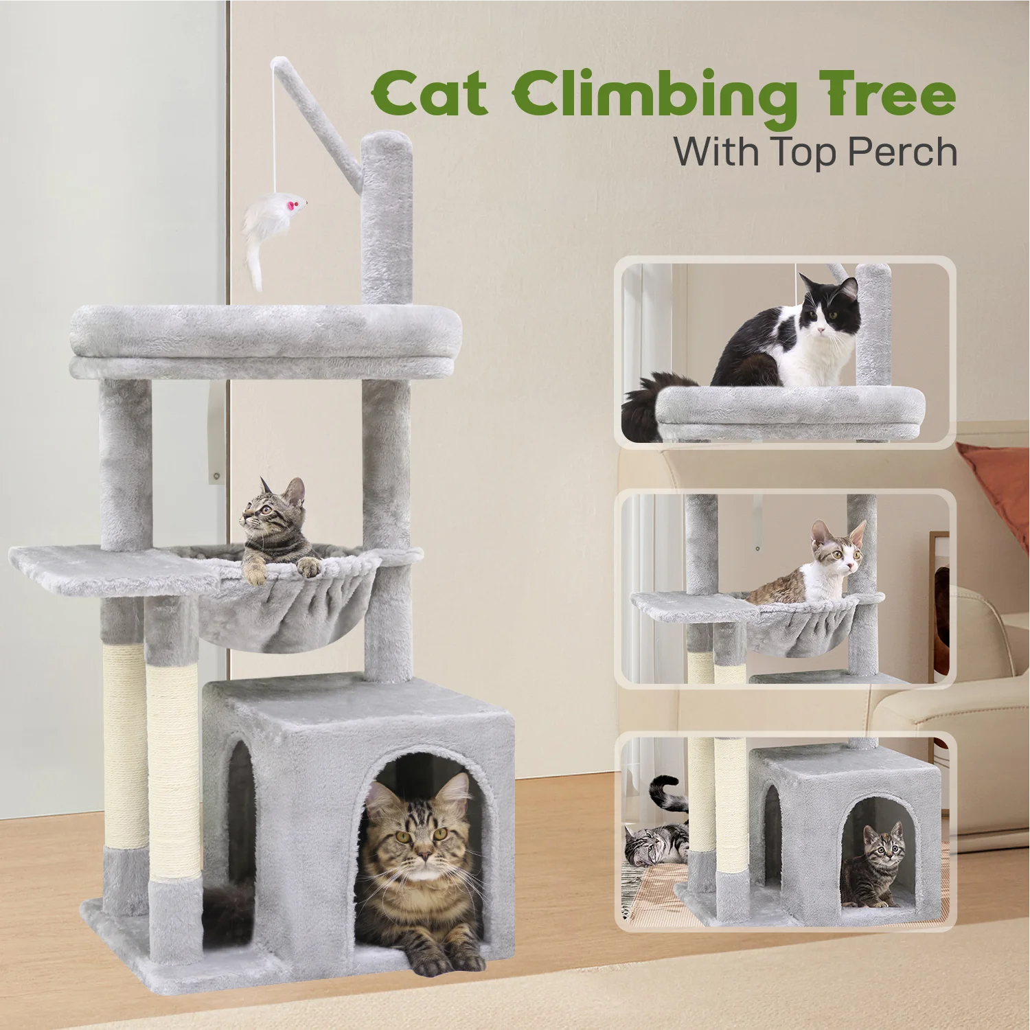 F46A Cactus Cat Tree Tower | 46-Inch Sturdy Cat Condo with Scratching Posts, Hammock, and Anti-Tip Kit , Light Gray