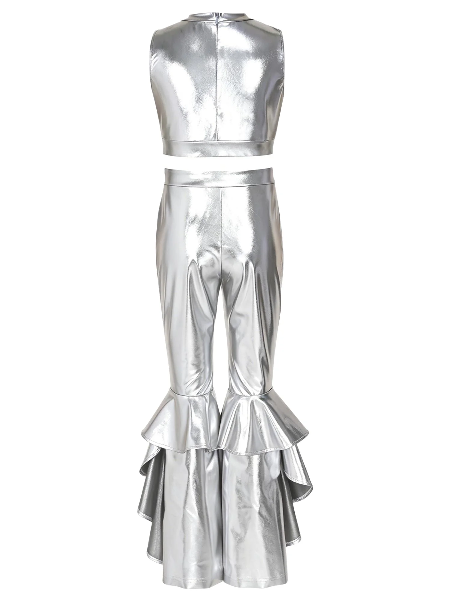 Zweiteiliges Set für Kinder und Mädchen, metallisches Disco-Tanz-Crop-Top, mehrlagige, gerüschte, ausgestellte Hose für Bühnenauftritte und Wettbewerbe