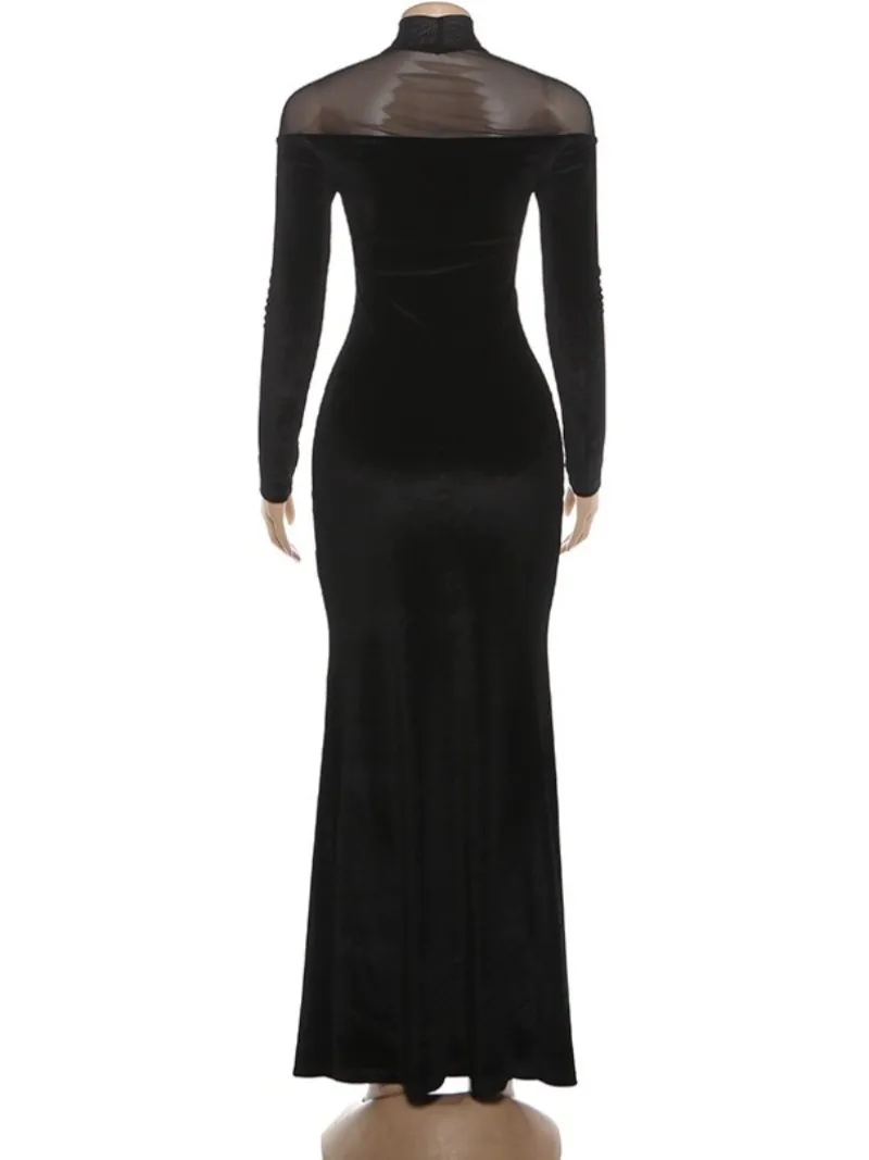 Elegant Sexy Full Sleeve See-through Long Maxi Dress for Women Mesh Patchwork Bodycon Black Evening Dresses Wedding Party Gowns