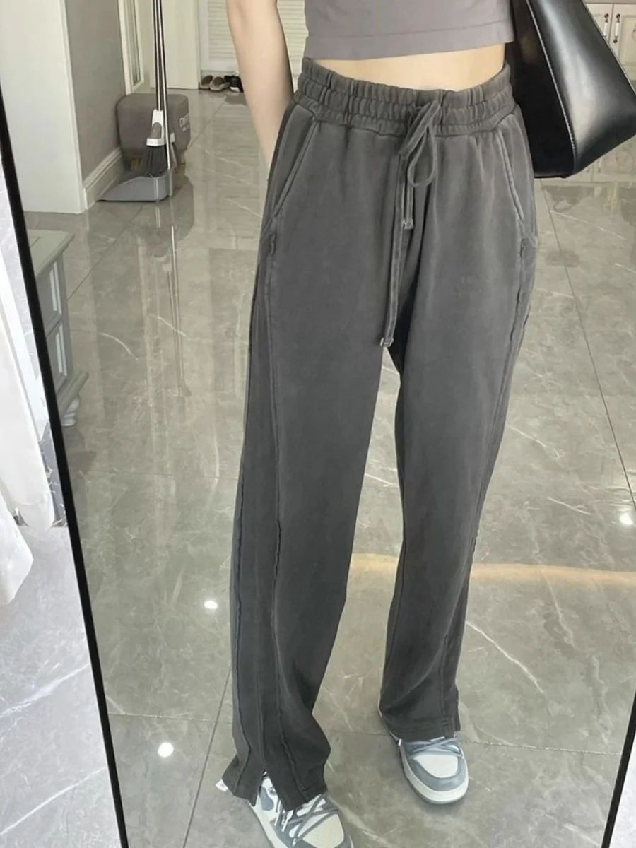 

Женские повседневные брюки с высокой талией, свободного кроя, осенние, длинные, с драпировкой, с боковыми разрезами, прямые, модные, больших размеров