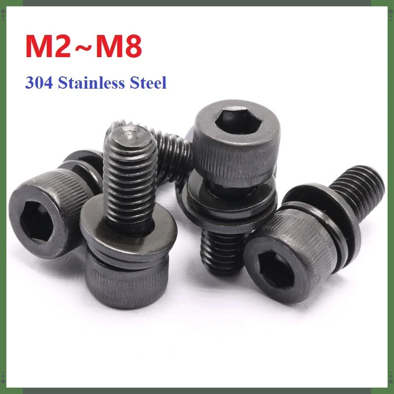 304 Stainless Steel Cup Head Hex Three Combination Screw Cylindrical With Flat Washer Screw Combination Bolt M2 M2.5 M3 M4M5M6M8