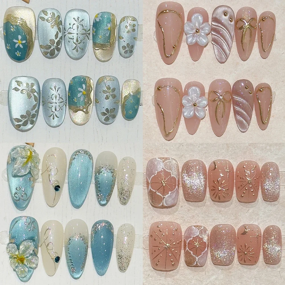 

10Pcs Cute Glitter Cat Eyes Reusable Short Full Cover Fake Nails Kawaii Hand-Painted Flowers Diamond Handmade Press On Nails