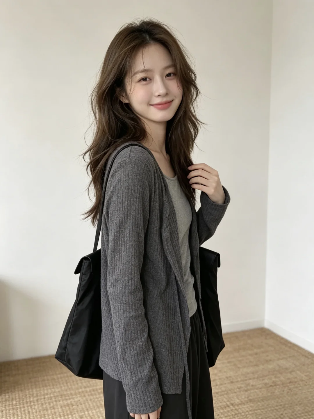 Deep Grey Texture Belted Fake Two-Piece Long Sleeve T-Shirt Women's Autumn Waist Cinching Slimming Korean Design Top