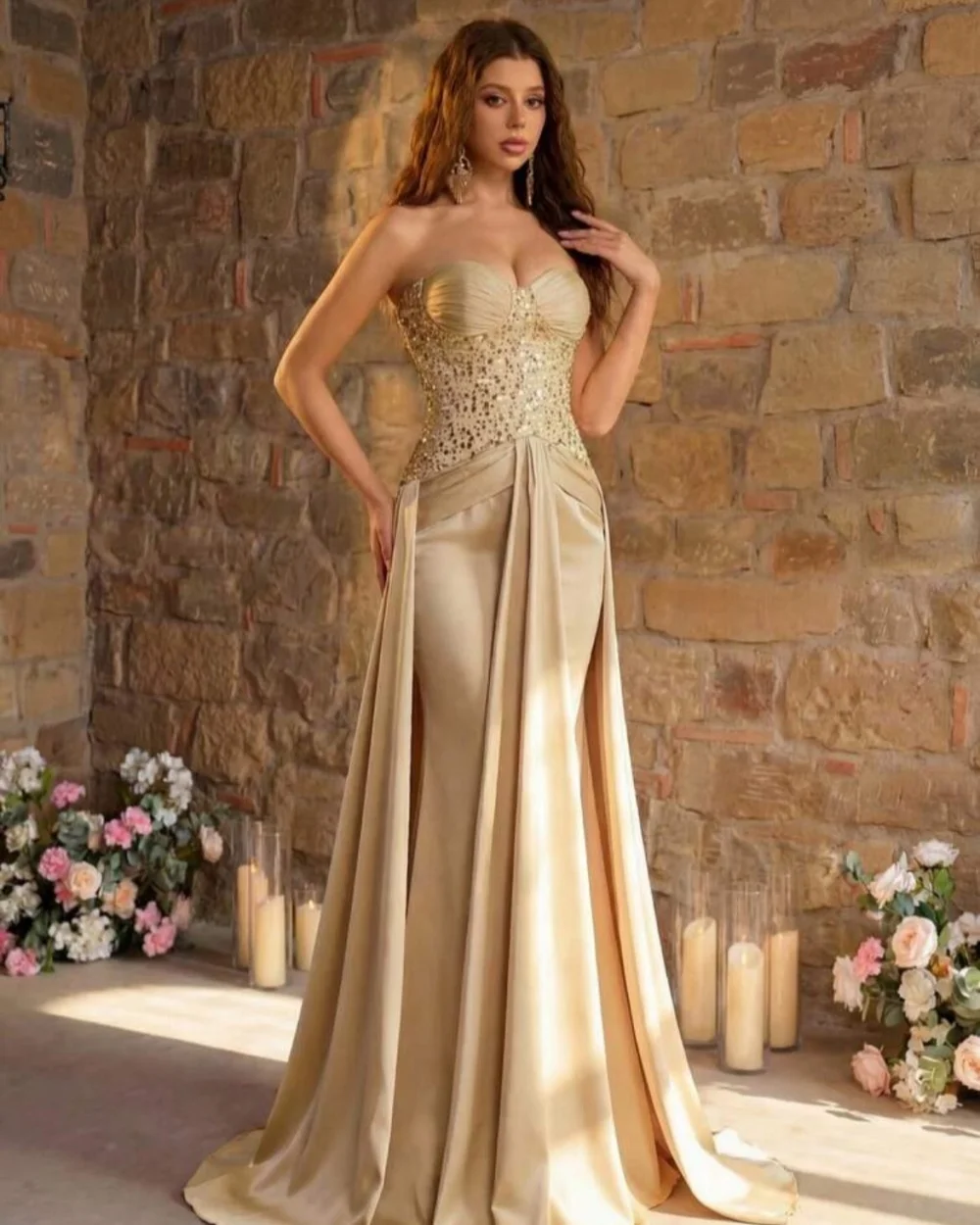 

Customized Modern Style Women Charmeuse Sequined Ruched Mermaid Evening Dresses Classic Sweetheart Sleeveless Long Prom Dresses