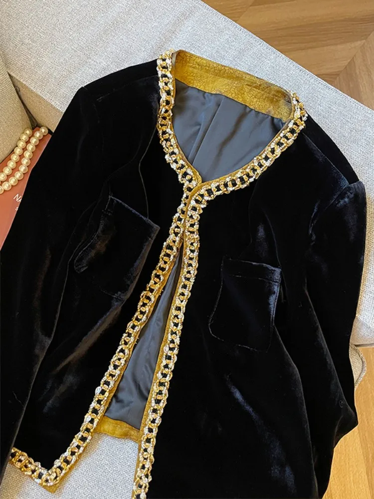 Retro Black Velvet O-Neck Women Jacket Winter New Long Sleeve Loose Fit Top Jackets Outerwear French Style Work Ladies Coat