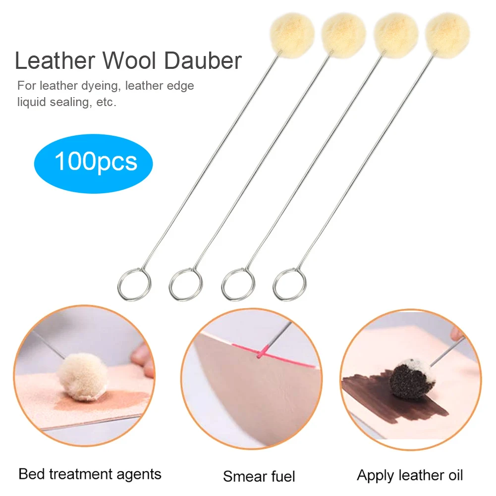 100pcs Leather Wool Daubers Oily Dye Ball Brush Metal Handle  Hand Made Craft Tool For Leather Dyeing Edge Liquid Sealing