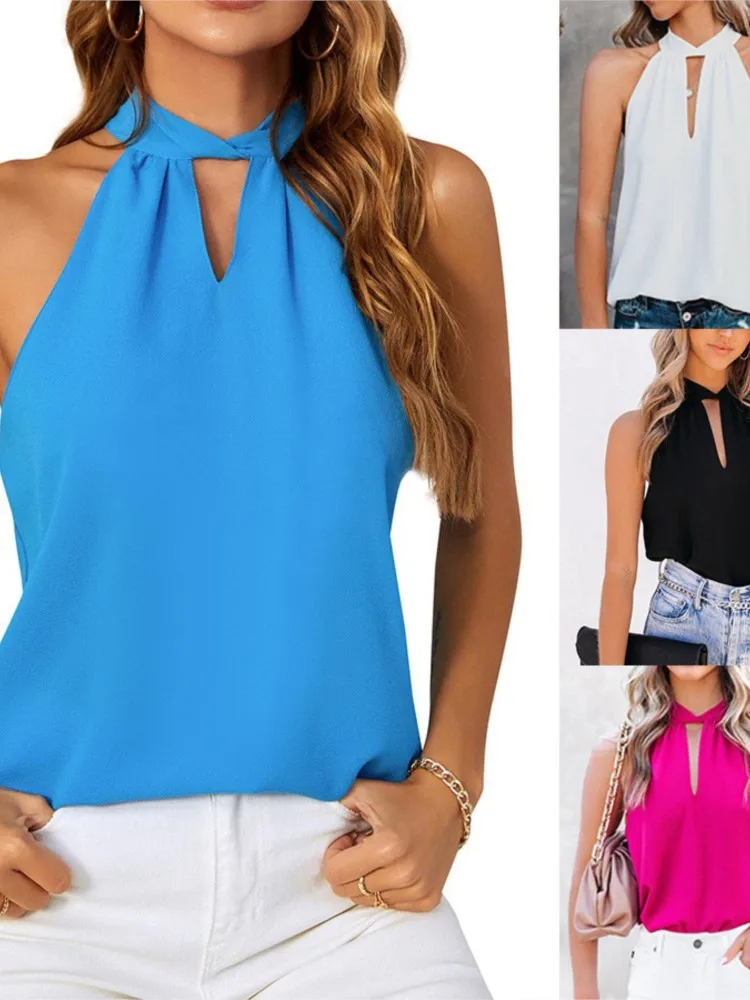 Women's Clothing 2025 Summer New Fashion Bow Sexy Sleeveless Hanging Neck Hollow Lace Up Chiffon Vest Casual Top