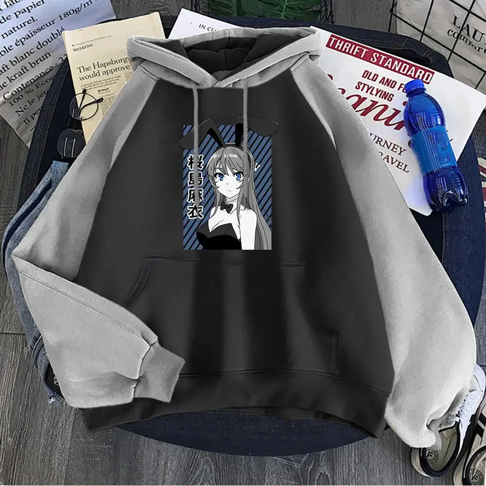 Korean Style Men Hoodie Love Novel Sakurajima Mai Bunny Girl Print Pullovers Warm Splicing Sweatshirts Fleece Pocket Streetwears