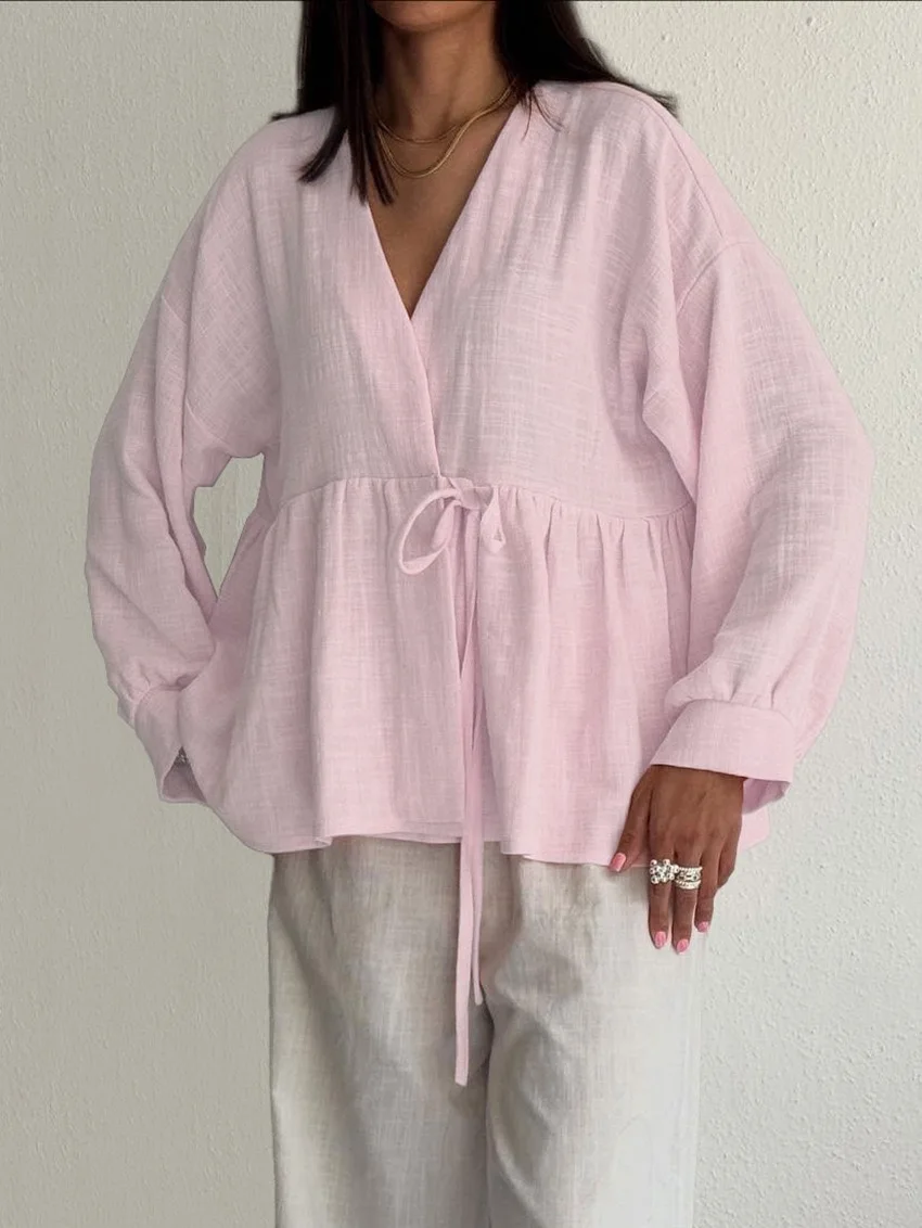 2025 가을 여성 셔츠 디자인 감각, 레이스업 롱 셔츠 슬리브, 세련된 출퇴근 스타일