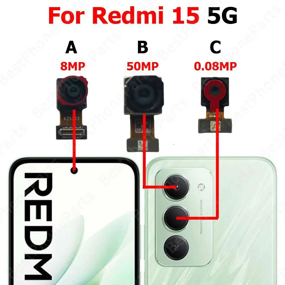 

Камера для Xiaomi Redmi 15 5G, задняя часть, передняя часть, фронтальная задняя камера для селфи, модуль, детали для мобильных телефонов