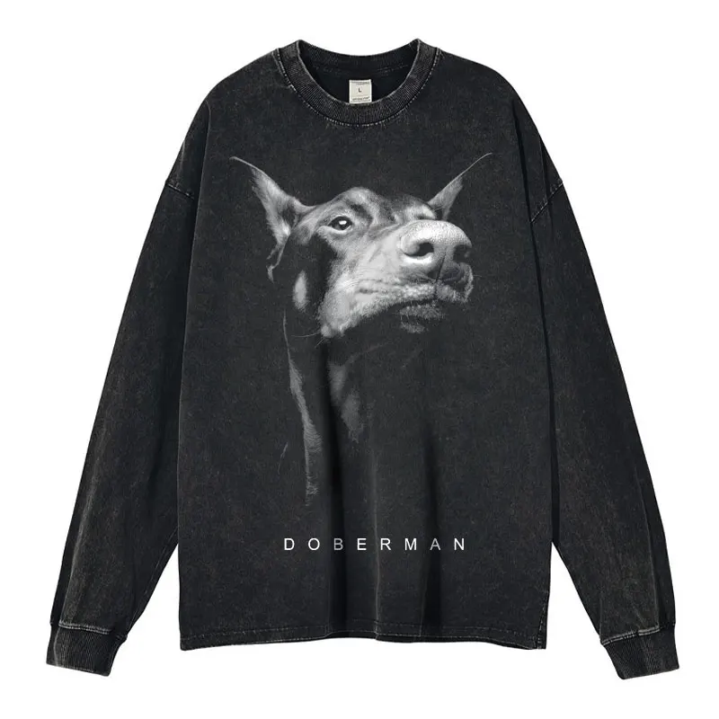 

Doberman Pinscher Long Sleeve T-shirt Dog Pattern Vintage Washed Sweatshirt Y2K Sweater DTG Printing Pullover Oversized Clothing