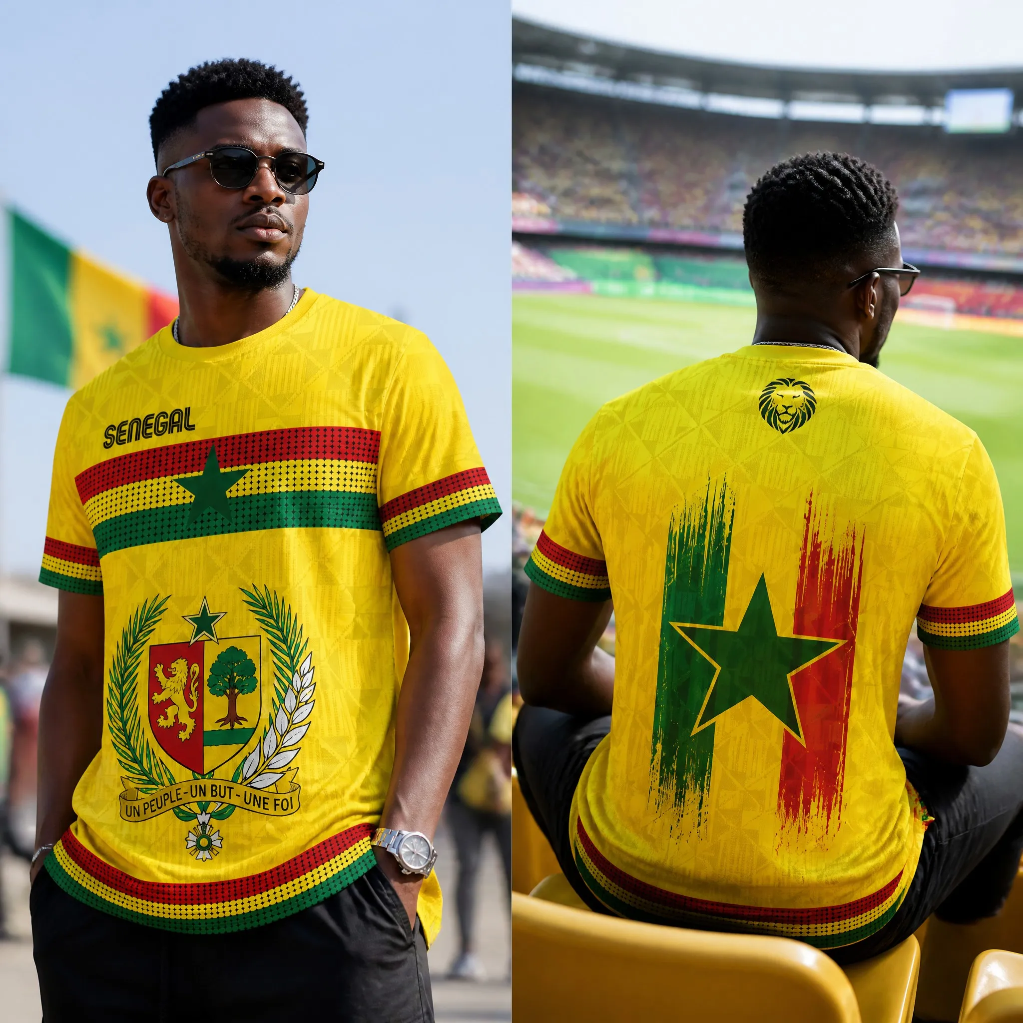 Senegal Mens Yellow Crest Graphic Tee Star Stripe Shirt Short Sleeve Football Fan Top Street Stadium Comfort Casual Daily Outfit