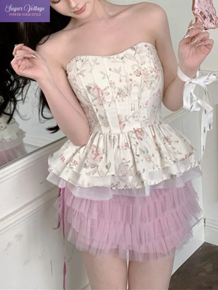 

French Sweet 2 Piece Party Outfit Women Floral Print Strapless Top + Mesh Skirt Sexy Chic Birthday Party Elegant Fashion Set