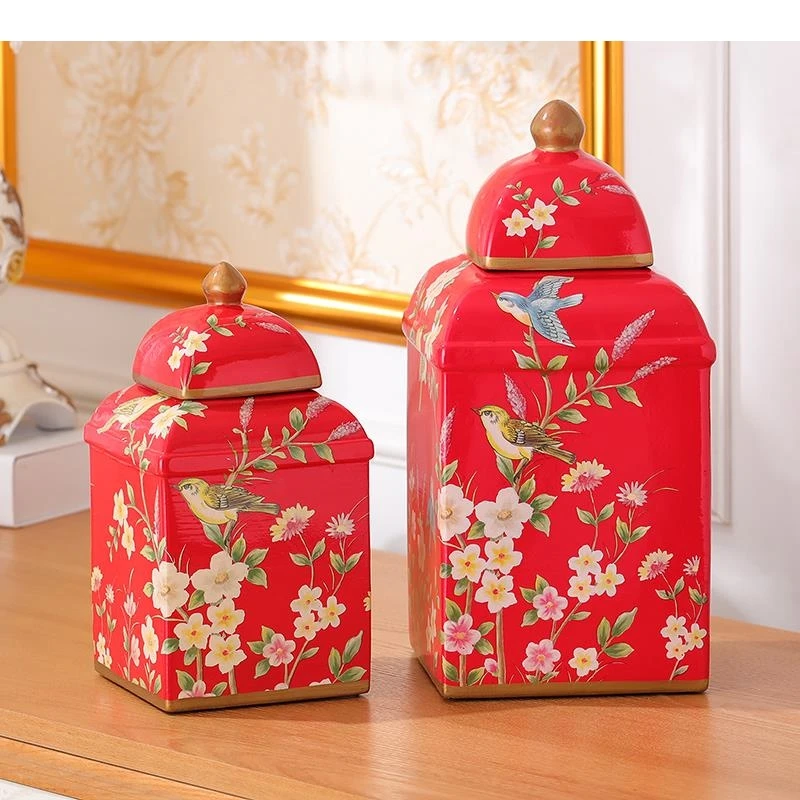 American Country Home Ceramic Flower and Bird Square Pot Candied Dried Fruit Storage Rustic Decor Accessories