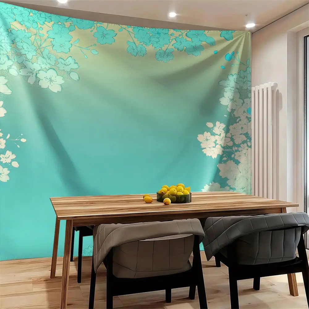Mint Gradient Cherry Blossom Digital Print Tapestry Wall Hanging Tapestries Wall Blanket Ins Girly Room Photo Backdrop Decor