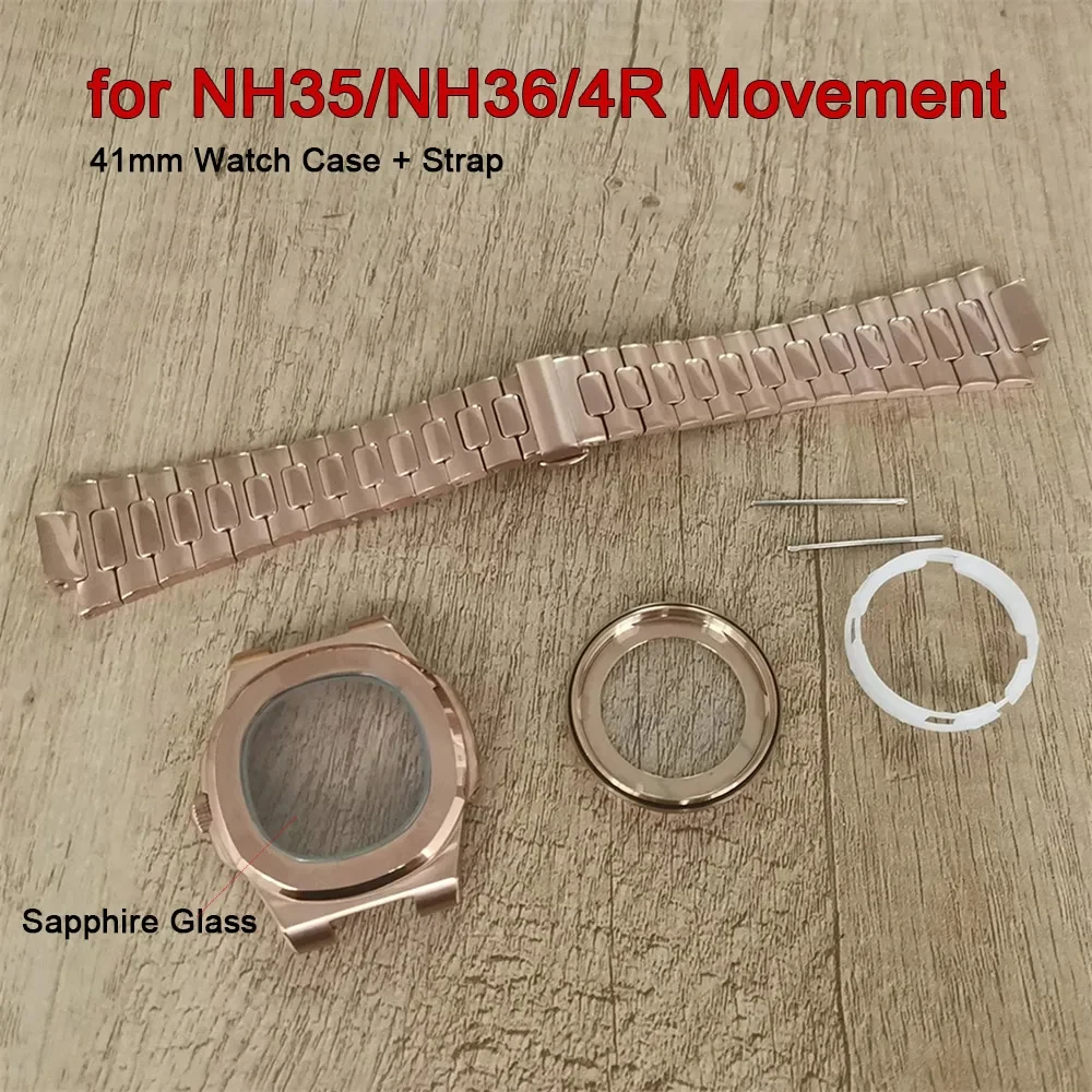 41mm-rose-gold-watch-case-strap-for-nh35-nh36-4r-movement-sapphire-glass-transparent-bottom-stainless-steel-cases-watchband
