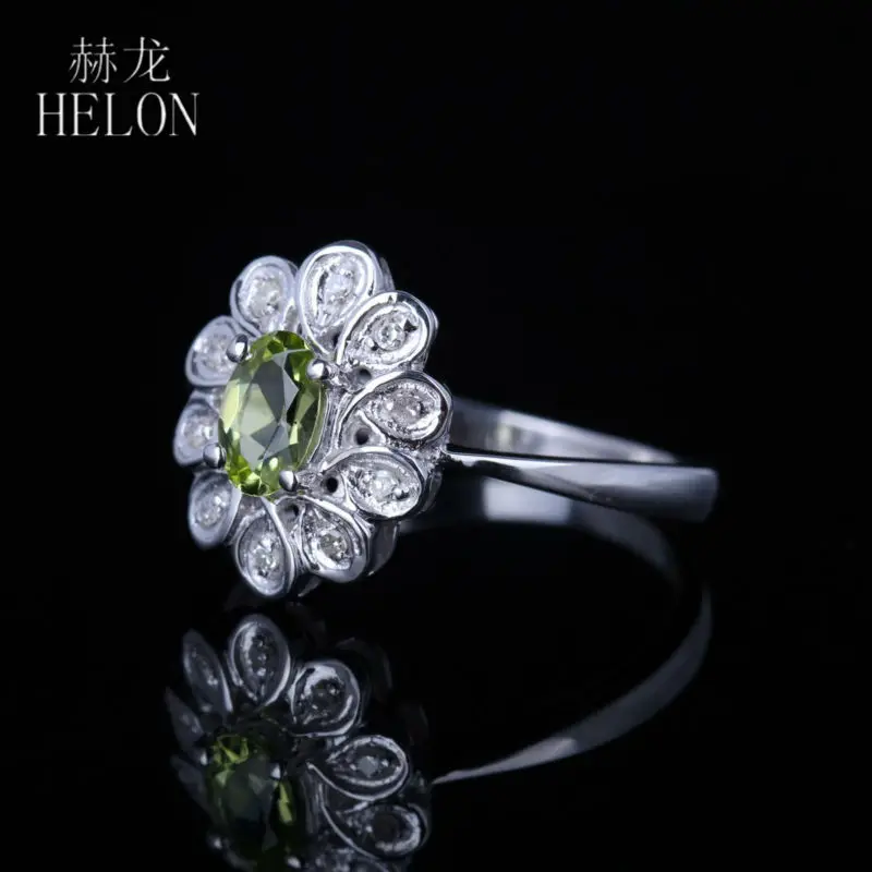 HELON Solid 14k 10K White Gold Oval 6x4mm Genuine Natural Peridot Diamonds Engagement Ring Women Birthday Anniversarry Best Gift