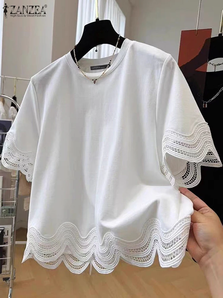 

Women Summer Tops Tee ZANZEA Fashion Short Sleeve Lace Patchwork Vintage Women Blouse Solid Irregular Blusas Streetwear Tunic