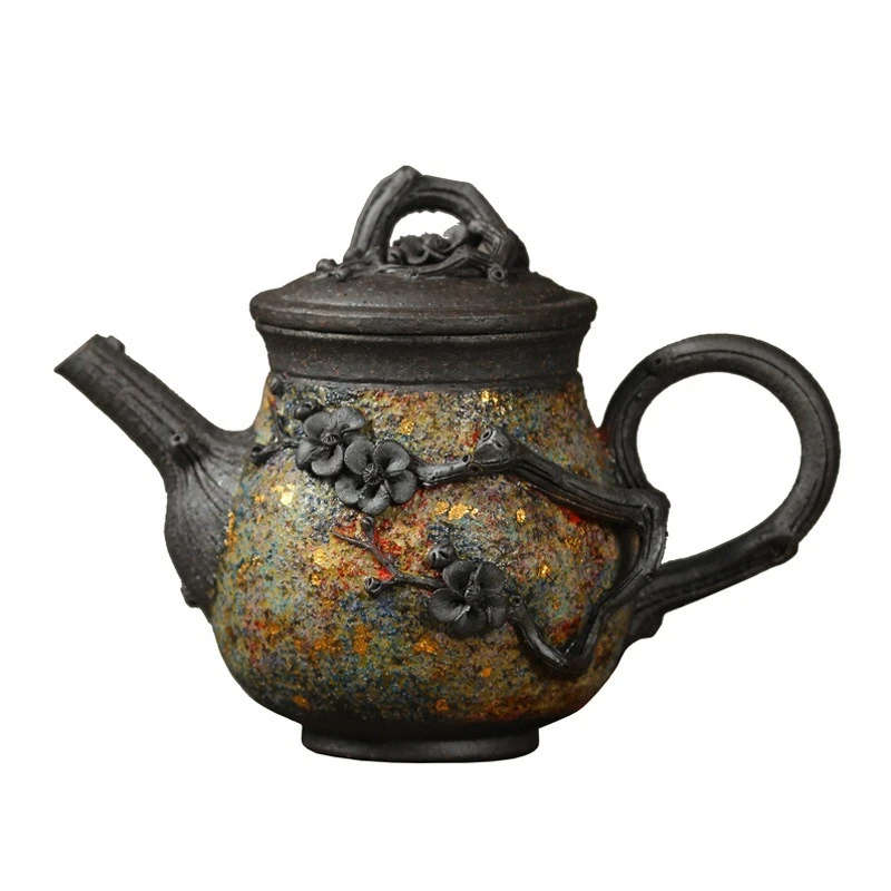 Handmade plum blossom teapot firewood burnt rock mine single pot kung fu tea set household ball hole teapot Japanese style