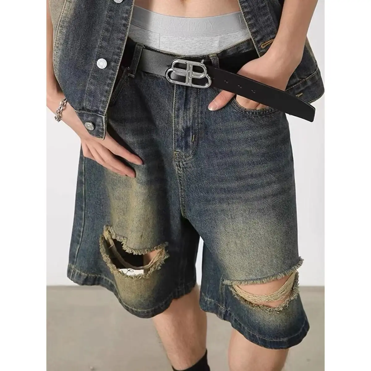 

Джинсы Waed Ripped American Slim, унисекс, летние, тонкие, широкие, свободные, повседневные, со средней посадкой, из эластичного хлопкового денима
