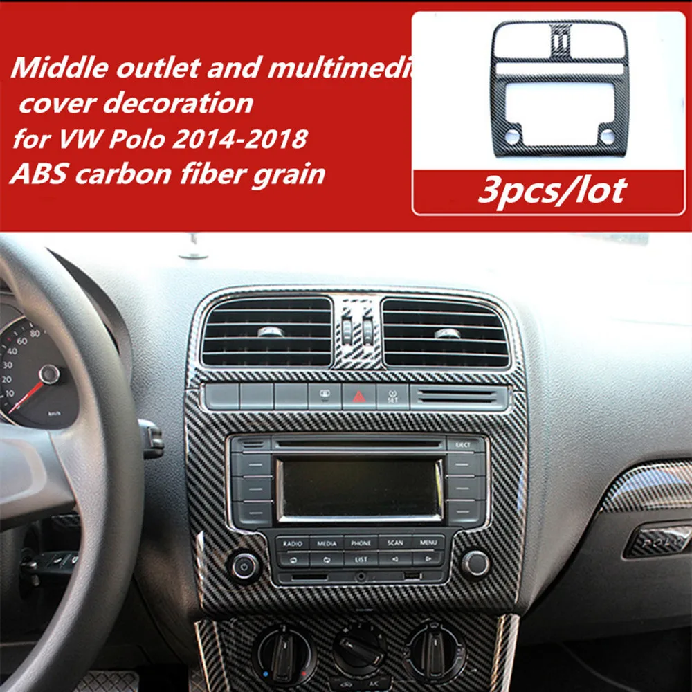 

3 шт./лот, автомобильная наклейка из АБС-пластика, углеродное волокно, средний выход и мультимедийная крышка, украшение для Volkswagen VW POLO 6R 6C 2011-2017 гг.