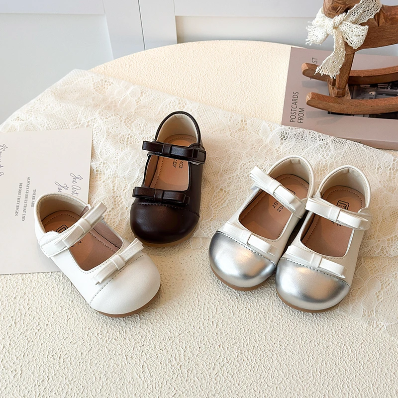 Fashion Spring Baby Girls Leather Shoes for Wedding Party Light Weight Soft Quality with Bow-knot Simple Kids Flats Mary Janes