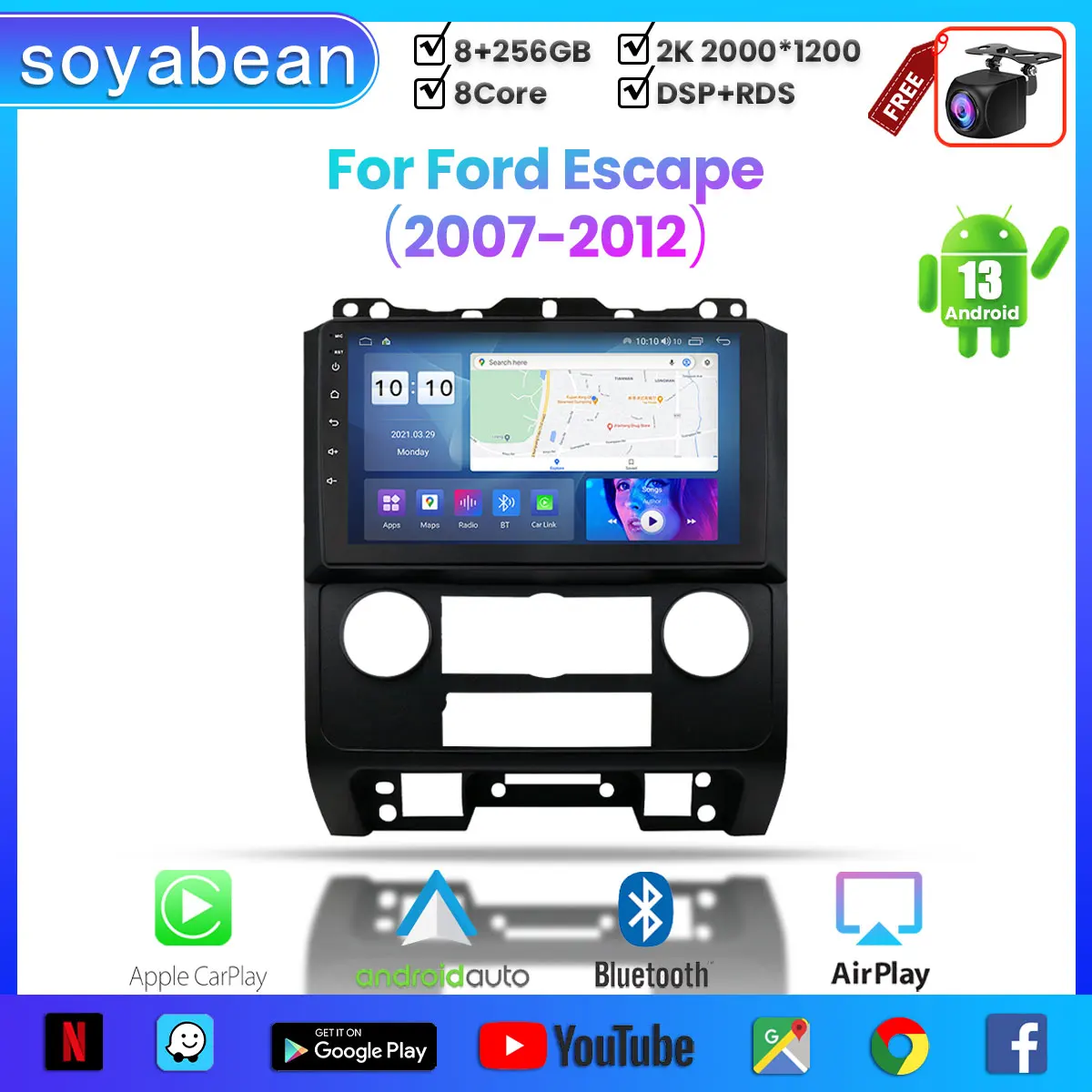 

Android 13 Car Radio for Ford Escape 2007-2012, 9inch 2K Multimedia Player with 4G Car Carplay & 2Din GPS Navigation.