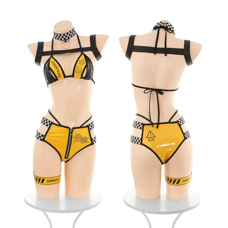Disfraz de Cosplay elegante para mujer, Bikini de carreras de cuero PU, traje de baño, ropa de playa de verano, disfraces de fiesta de Carnaval y Halloween