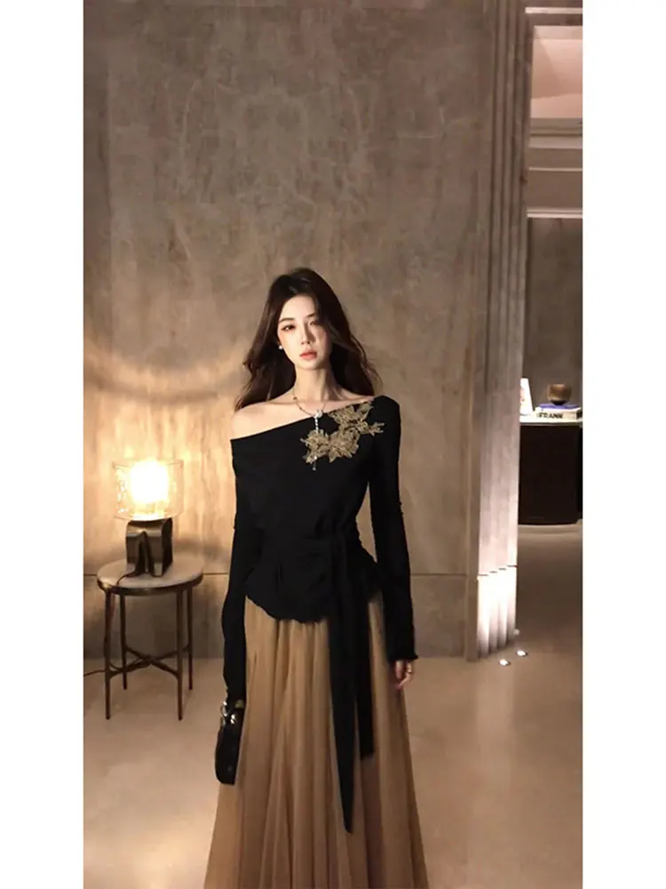 Large Size Black Embroidered Asymmetrical Shoulder Belted Long Sleeve Top And Mesh Skirt Set Women's Autumn New Style Brown view 5
