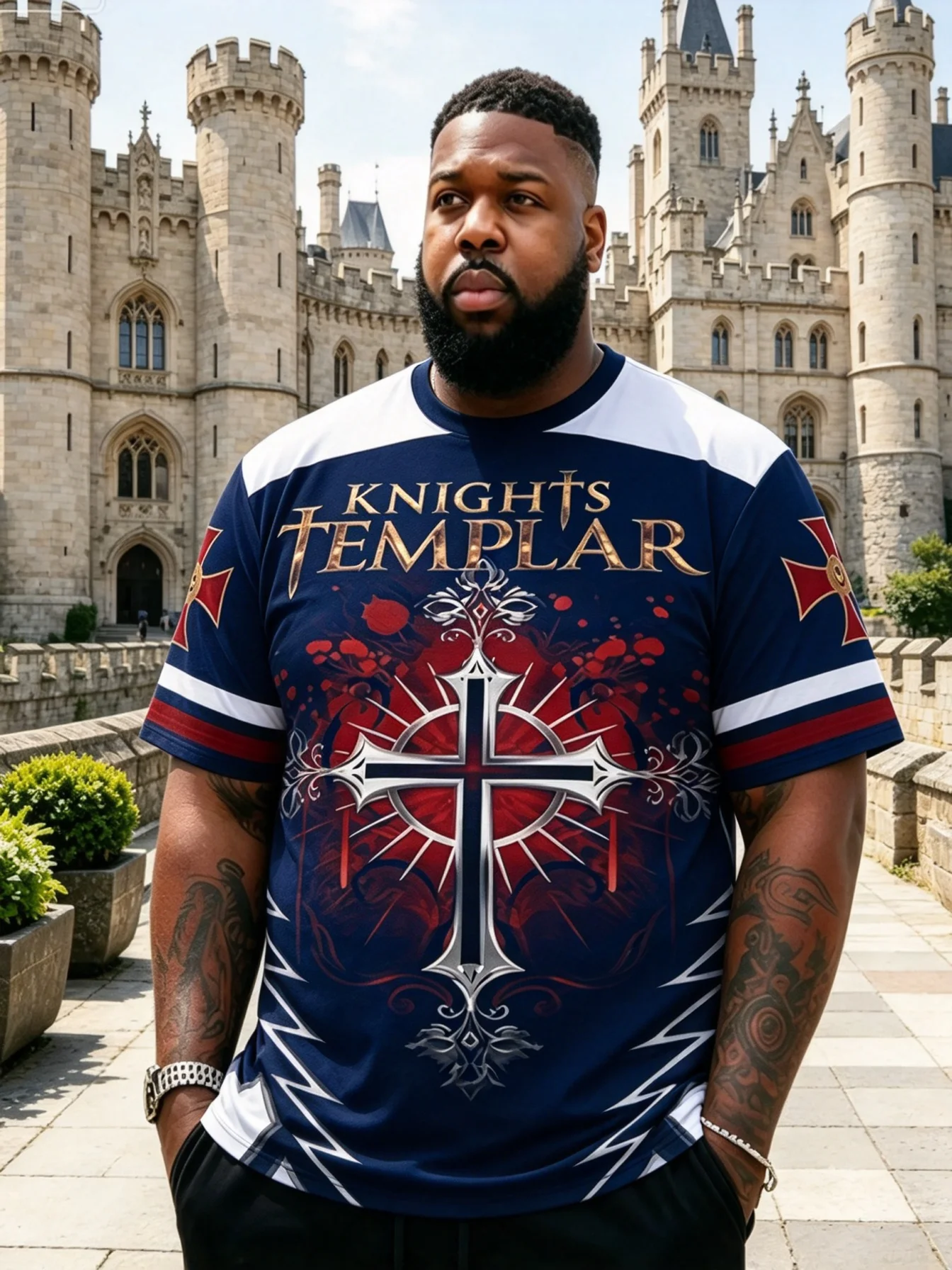 Men's Knights Templar Graphic T‑Shirt, Medieval Cross Vintage Art Print Crew Neck Short Sleeve Casual Streetwear Tee Top