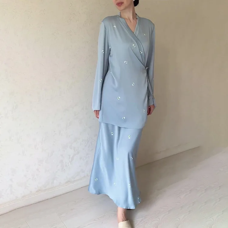 

Elegant Women Dress Sets Fashion Printed Satin V-neck Dress Long Sleeve Spring Evening Party Gown Muslim Abayas Dubai Kaftan