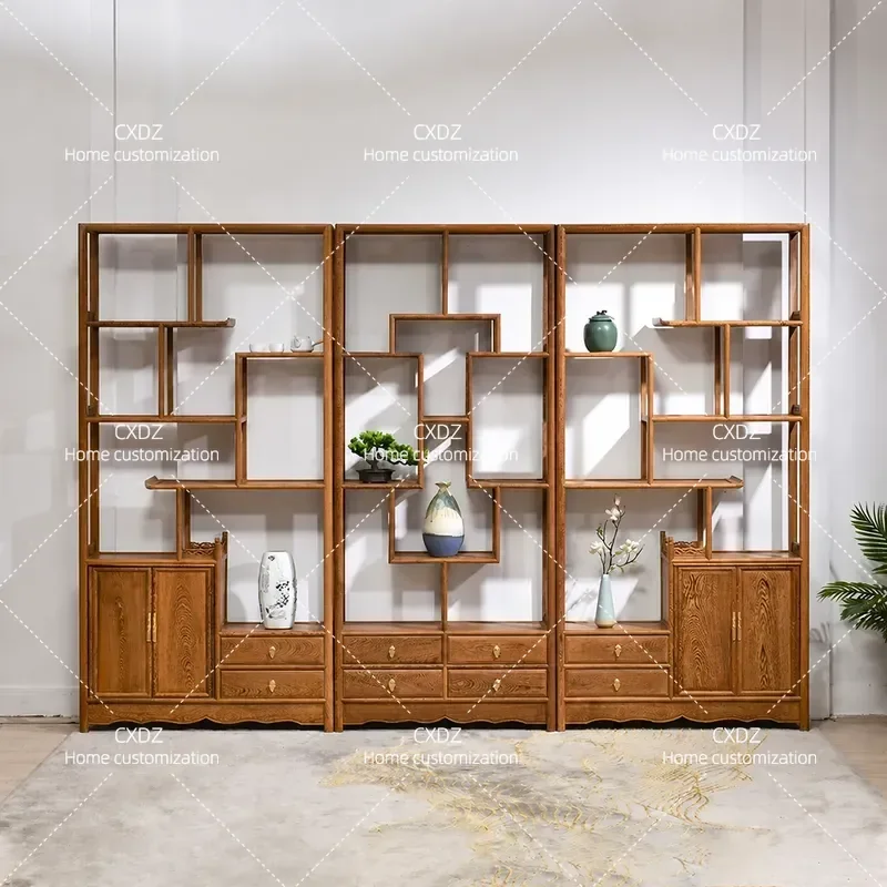 3 Piece Solid Wood Chinese Style Display Shelf Antique Tea Rack Ornament Stand Porch Storage Unit Multi Layer Curio Cabinet