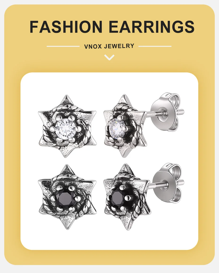 Vnox Herren Hexagramm Ohrstecker Kupfer Schwarz Weiß Zirkon Sechszackiger Stern Punk Retro Ohrstecker Schmuck für Männer Partygeschenke – Detail 1