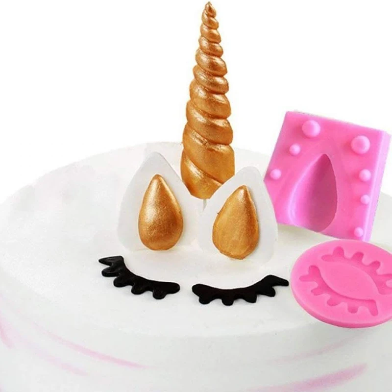 誕生日ケーキの装飾、3D、ホーン、耳、まつげ、シリコン金、カップケーキ、トッパー、チョコレート、キッチンツール用のユニコーンフォンダンモールドセット