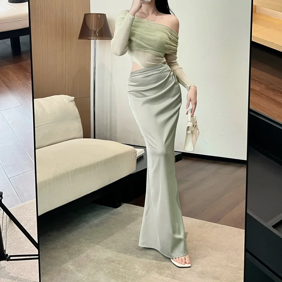 Spring and summer new slash neck mesh patchwork sexy long sleeved dress for women