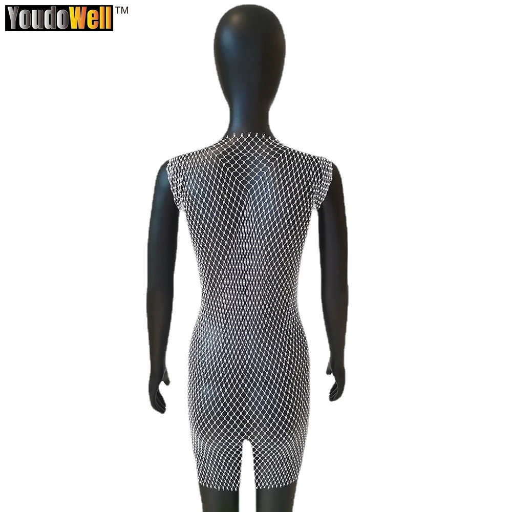 Spice Girls Custom Diamond Fishnet Mesh Cut Elastic Rhinestone Dress Beach Short Sleeve Hollow Out