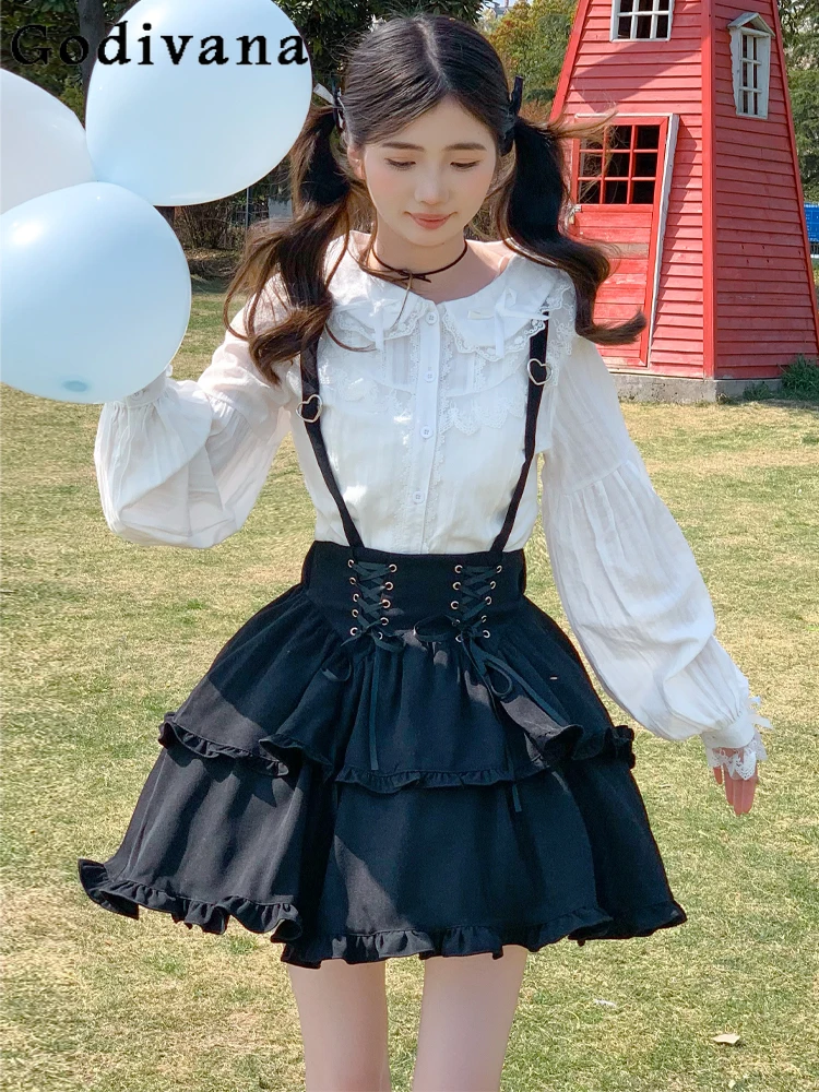 

Summer New High Waist Japanese Cute A-line Strap Skirts Sweet Girls Versatile Fashion Age-reducing Black Loose Bow Cake Skirt