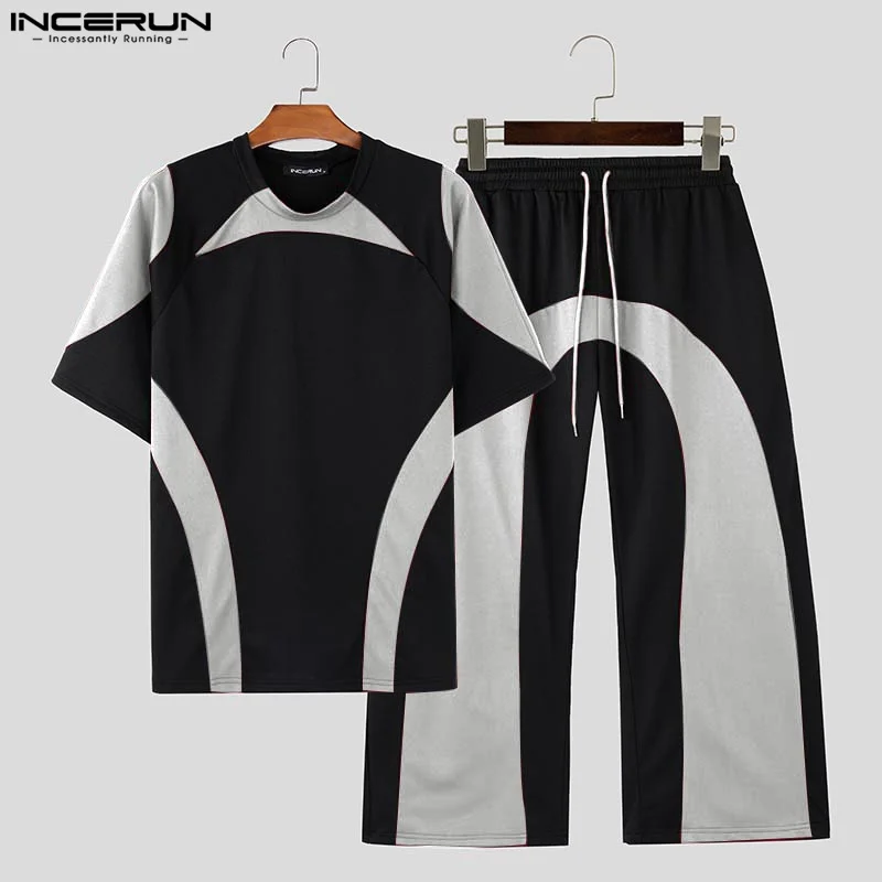 Fashion New Men Sets INCERUN 2024 Short Sleeve T-shirt Wide Leg Pants Casual Streetwear Personality Splicing Two Piece Sets 2024