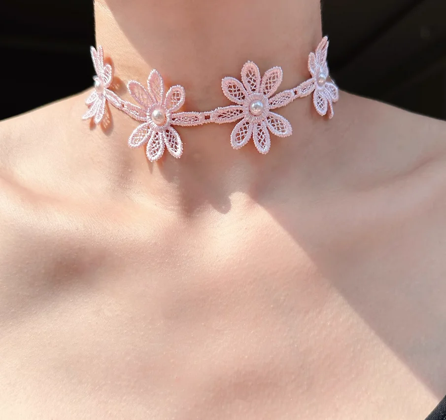 

Foreign trade original sweet temperament pink lace flower necklace inlaid with pearl choker collar clavicle chain