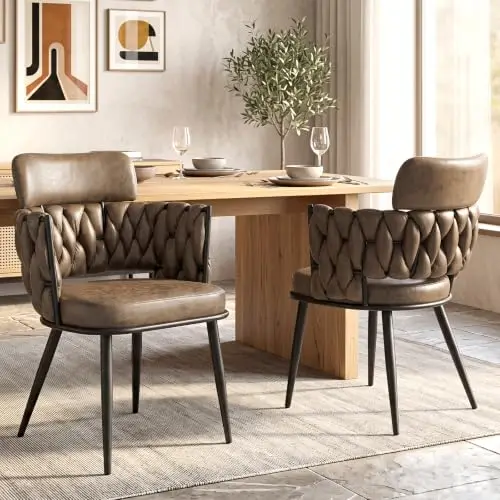 Hand-Woven Dining Chairs Set of 2, Upholstered Luxury Faux Suede Dining Room Chairs with Ergonomic Curved Back, Retro
