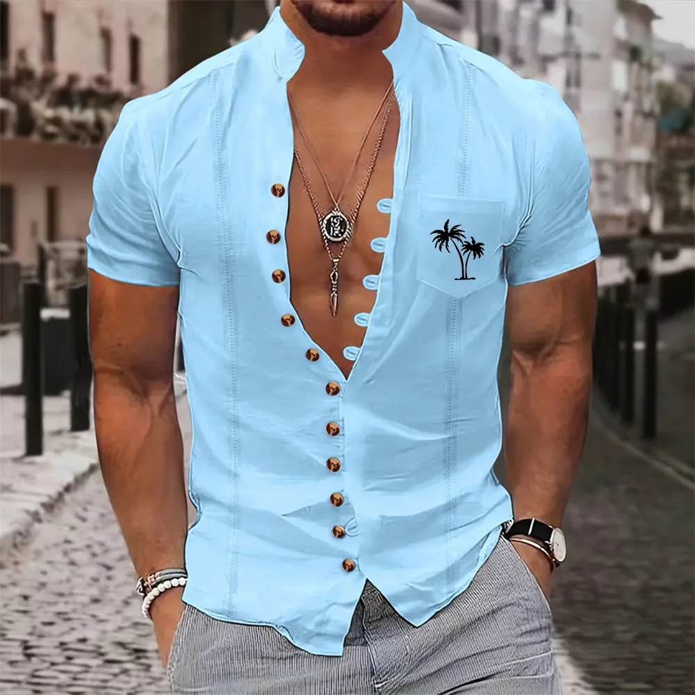 

Fashionable printed shirt Men's Shirt Cotton Linen Fashion Stand Collar Pure Short Sleeve Tee Shirt Handsome Fitting Top