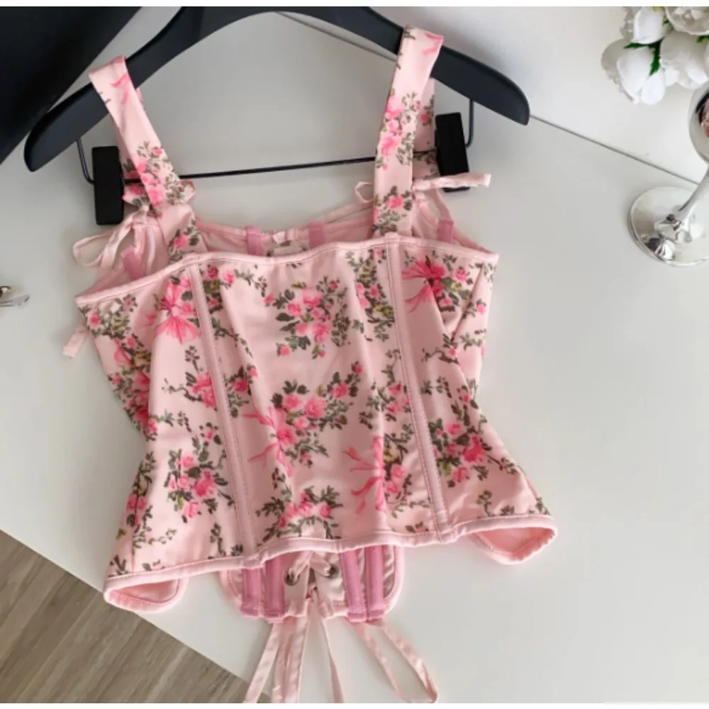 Chic Camis print sleeveless butterfly Draw String Tank Top Slim Crop Top Sexy Corset Bustier Women Summer Clothin