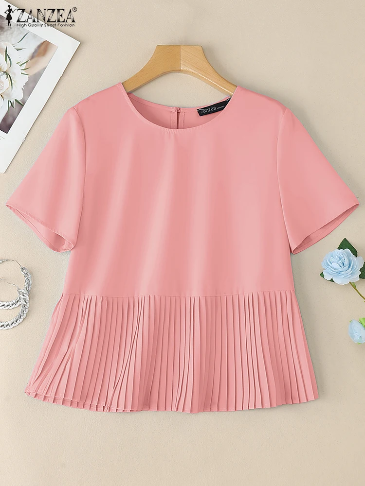 ZANZEA สตรีลําลองจีบ Hem เสื้อ 2025 ฤดูร้อน O-คอสั้นแขนยาวสีทึบ Blusas Mujer วันสวมใส่แฟชั่นเสื้อยืด Tops