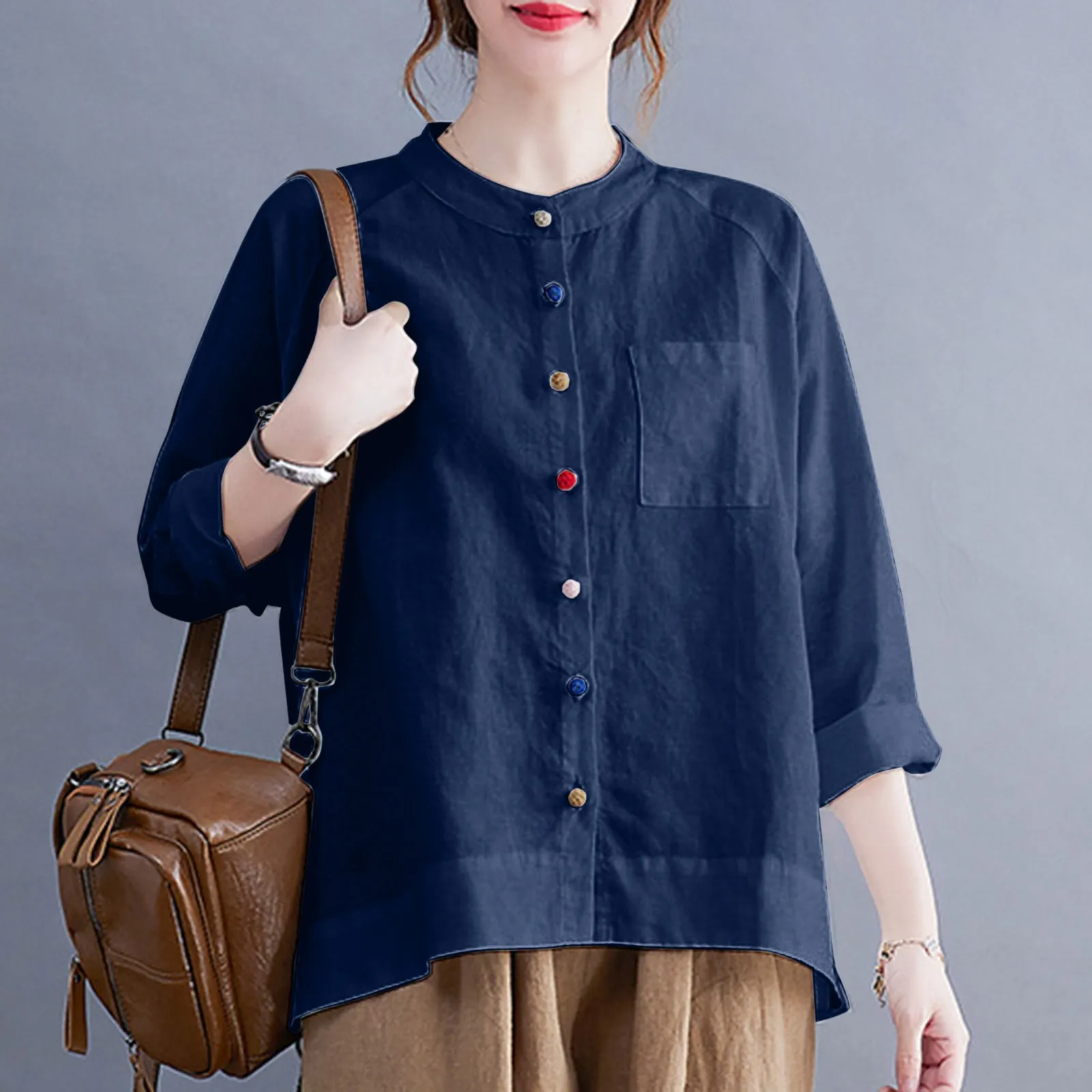 Women\'s Shirt 2024 Summer New Fashion Colourful Button Retro Art Shirt Solid Colour Round Collar Casual Loose Pocket Blouse Tops