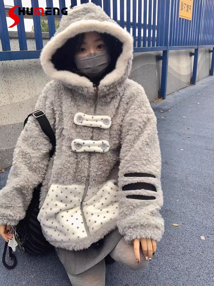 

Winter New Warm Thickened Plush Jacket Punk Style Girls Sweet Cool Zipper Hooded Jacket Women Y2K Polka Dot Print Coat 2025