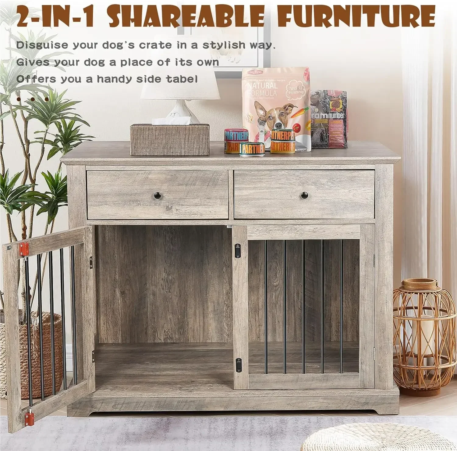 44 Inch Large Dog Crate Furniture, Wooden Dog Kennel End Table with Storage Drawers, Decorative Pet Crates Dog House Indoor