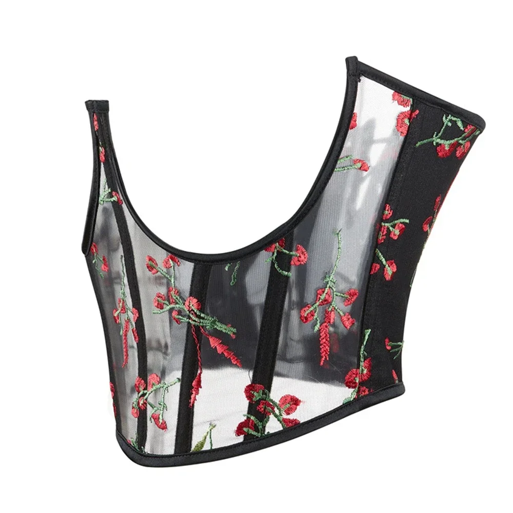 High Waist Belts Fashion Floral Embroidery Mesh See Through Black Corset Underbust Vintage Waist Shaper Corsets Cummerbunds