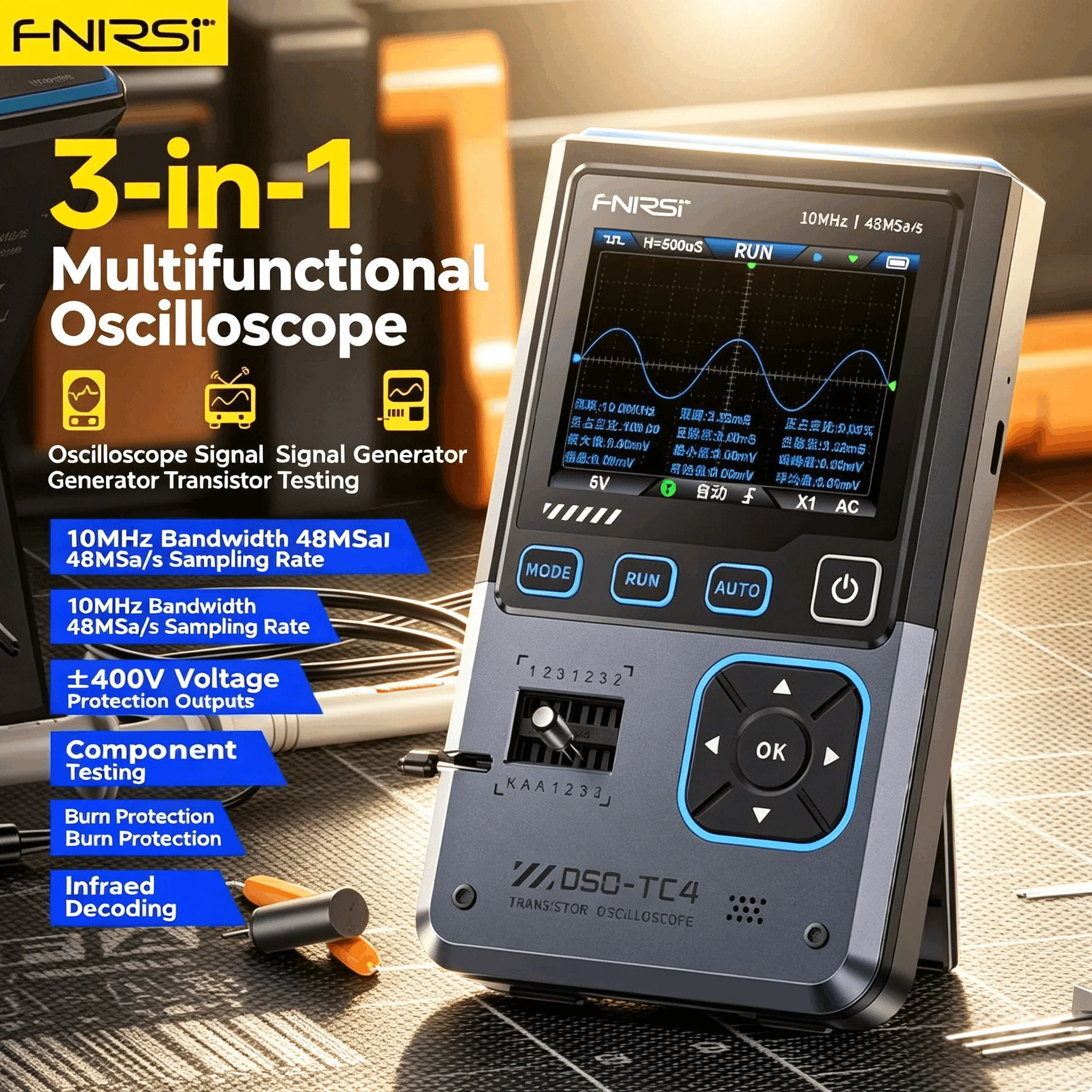 FNIRSI Nuevo DSO-TC4 DSO-TC3 Osciloscopio Digital Portátil 3 en 1, Comprobador de Transistores, Fuente de Señal, Herramientas de Prueba Electrónicas Portátiles
