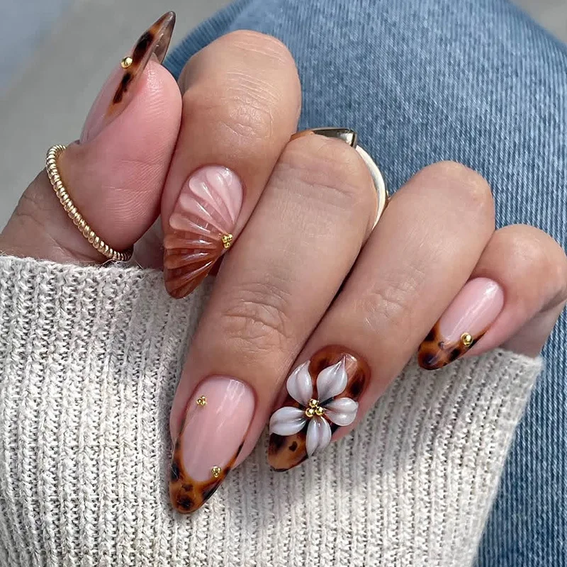 

24Pcs Brown Gradient French Press on Fake Nails 3D Flower Design False Nails Mid-length Almond Detachable Full Cover Nails Tips