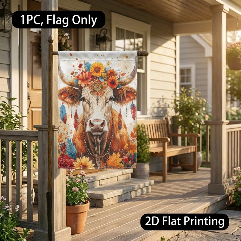 1pc Boho Floral Cow Garden Flag 2D Flat Printed Rustic Farmhouse Yard Outdoor Decor Flag Only